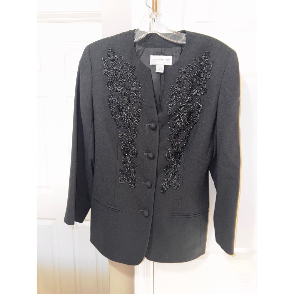 Liz‎ Claiborne Petite Black Beaded Collarless Blazer Jacket Women's Size 6